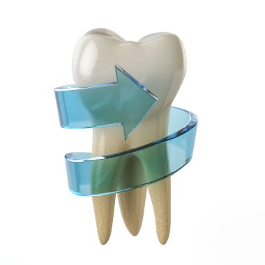 Diş koruma kavramı. Beyaz arka plan üzerinde izole mavi ok dişli. 3D çizim