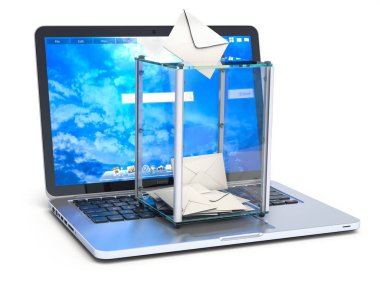 Online oylama. Oy sandığı beyaz izole laptop ve oy kağıt üzerinde. 3D çizim