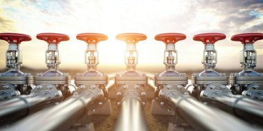Petrol ya da gaz boru vanaları. Petrol ve gaz çıkarma, üretim ve ulaşım endüstriyel geçmişi. 3d illüstrasyon