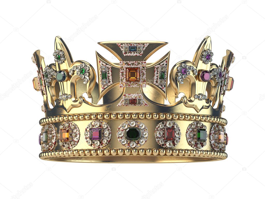 Gold crown with jewels isolated on white. 3d illustration