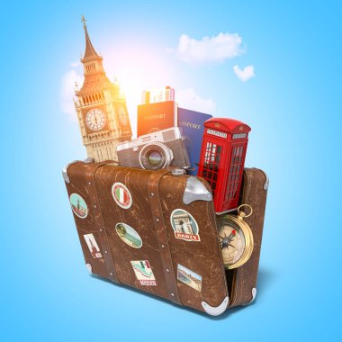Londra, İngiltere'de Londra ' nın sembolleri Big Ben kule ve kırmızı booth ile büyük Britain.Vintage suiitcase gezisi. Seyahat ve Turizm kavramı. 3D çizim