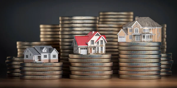 Houses Different Size Different Value Stacks Coins Concept Property Mortgage — Stock Photo, Image