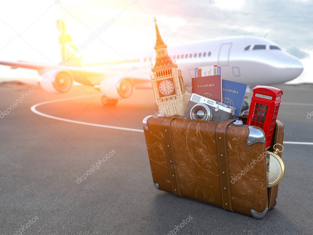 Flight to London, Great Britain.Vintage suiitcase with symbols of UK London, Big Ben and red booth. Travel and tourism concept. 3d illustration