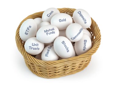 Asset allocation, investment divesifacation and put all  eggs in one basket concept. Basket and eggs with different financial investment products. 3d illustration clipart