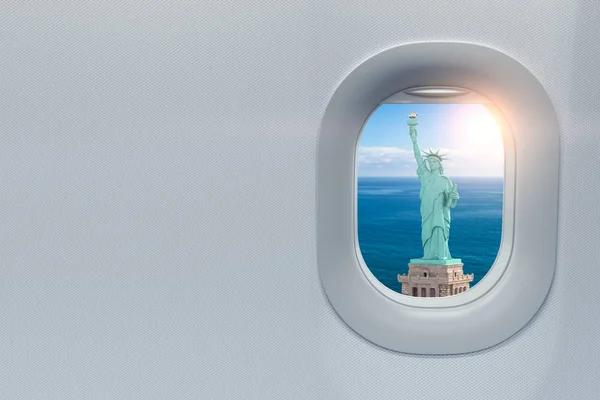 Fenêtre Avion Avec Vue Sur Statue Liberté New York Usa — Photo