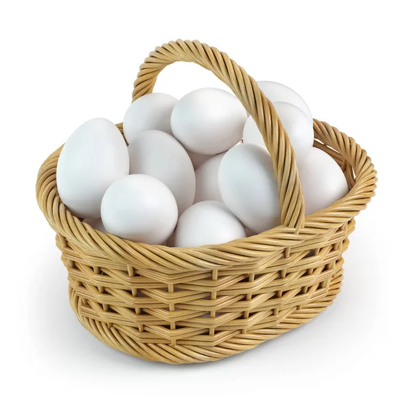 Белые яйца в корзине изолированы на белом фоне — стоковое фото