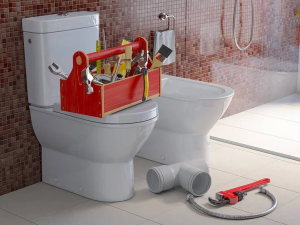 Plumber tools and pvc plastic tubes  on the bowl in bathroom. Pl — Stock Photo, Image