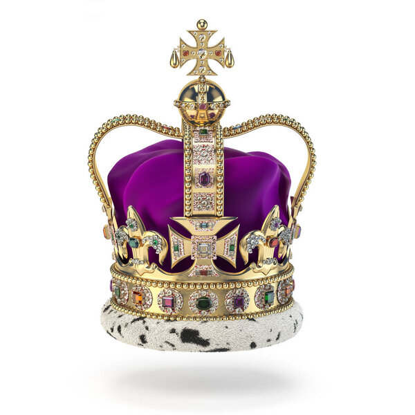 English golden crown with jewels isolated on white. Royal symbol