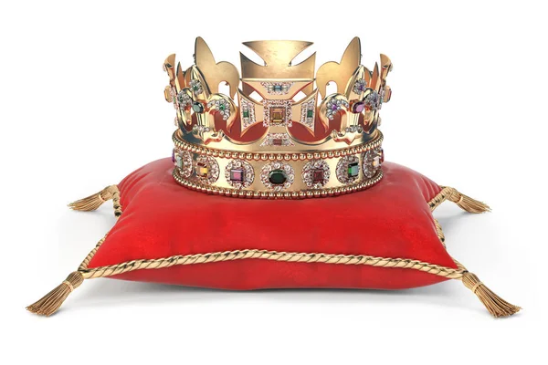 Złotą koronę z klejnotów na czerwonym aksamitem Poduszka do koronacji iso — Zdjęcie stockowe
