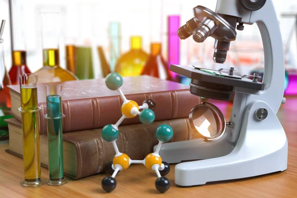 Microscope with alboratory equipmente flasks and vials. Chemistr — Stock Photo, Image