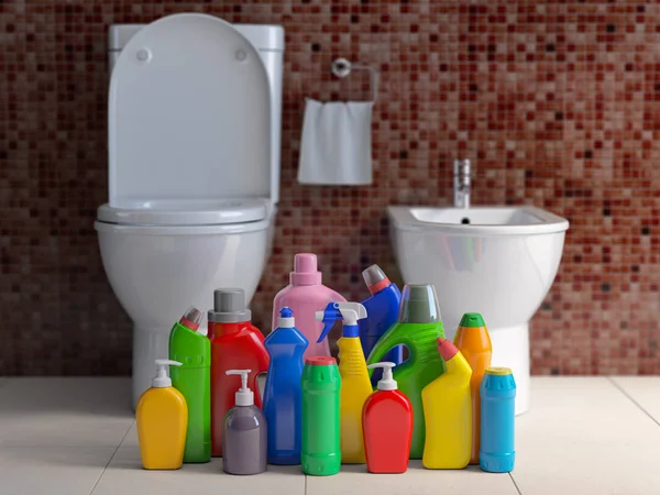 Frascos y recipientes de detergente. Artículos de limpieza en wc bathro —  Fotos de Stock