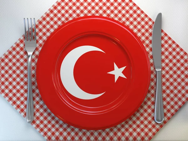 Turkish cuisine  or turkish restaurant concept. Plate with flag — Stock Photo, Image