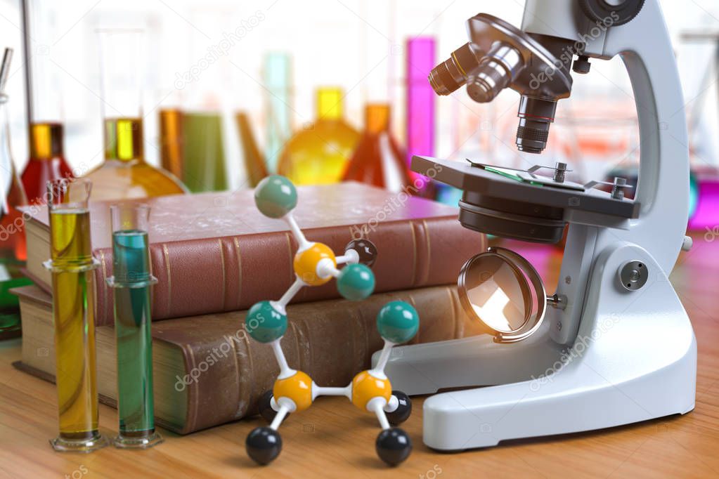 Microscope with alboratory equipmente flasks and vials. Chemistr