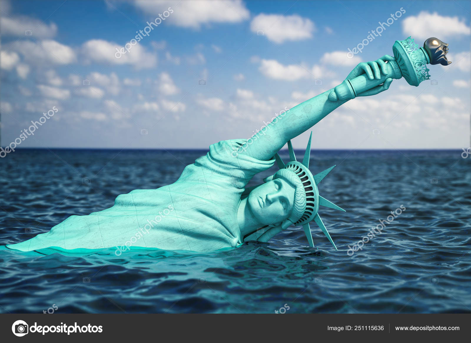 Destroyed Statue of liberty half covered by rising ocean level. Stock
