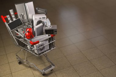 Alışveriş sepetindeki ev aletleri. E-ticaret veya çevrimiçi 
