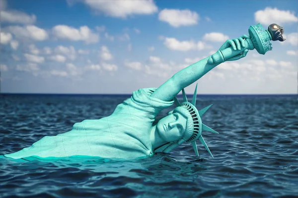 Destroyed Statue of liberty half covered by rising ocean level. — Stock Photo, Image