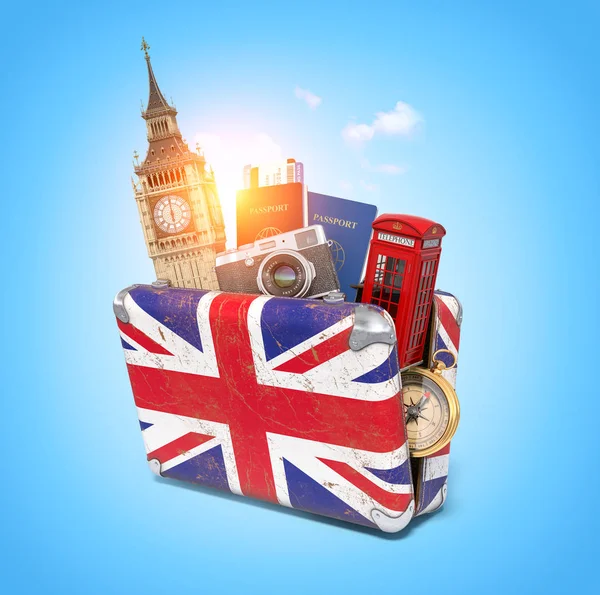 Kirándulás Londonba, Nagy-Britannia. Vintage suiitcase a szimbólumok a — Stock Fotó