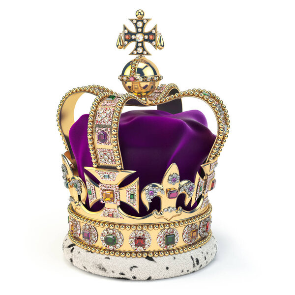 Golden crown with jewels isolated on white. English royal symbol