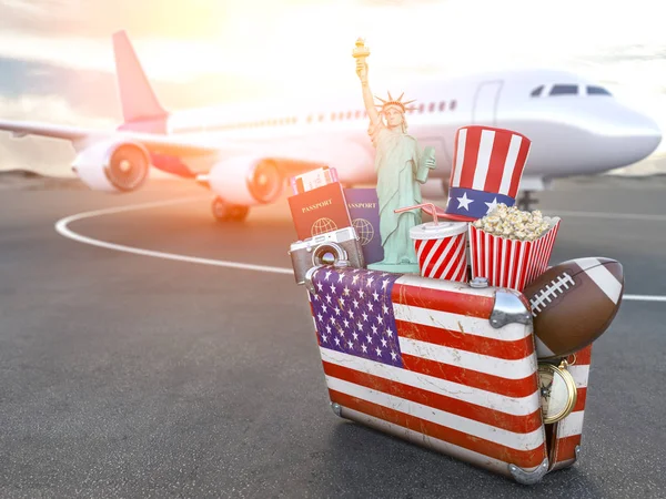 Flug nach New York, USA. Vintage-Koffer mit den Symbolen der USA — Stockfoto