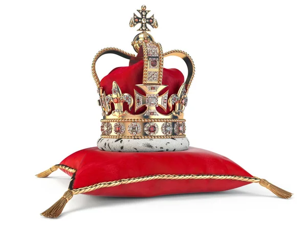 Golden crown on red velvet pillow for coronation. Royal symbol — Stock Photo, Image