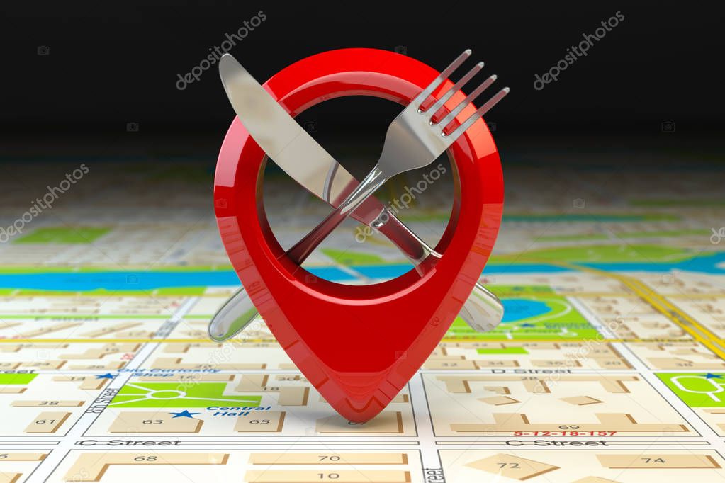 Food, restaurant or cafe location and direction concept. Pin or map point with fork nife and  on map of city. 3d illustration