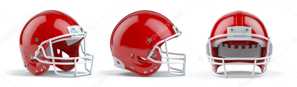 Set of red  american football helmets isolated on white backgrou