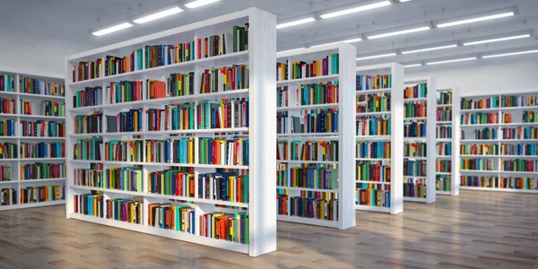 Biblioteca. Sfondo da scaffali bianchi con libri e testo — Foto Stock