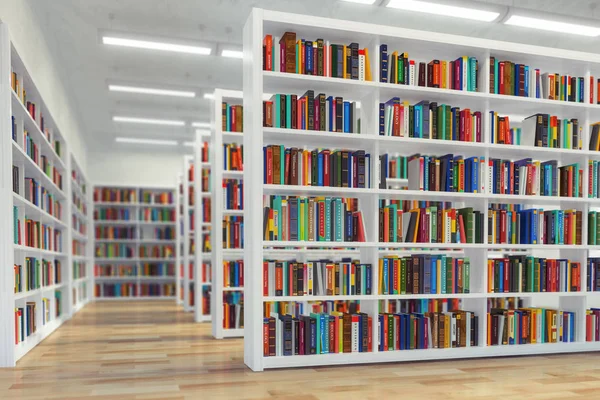 Biblioteca. Antecedentes de estantes blancos con libros y textob —  Fotos de Stock