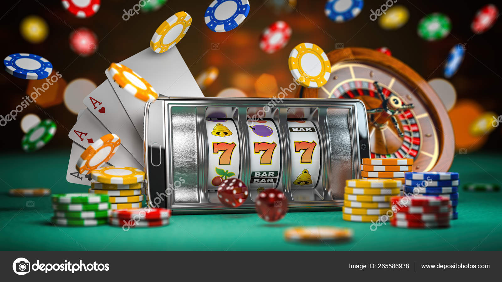 Online casino. Smartphone or mobile phone, slot machine, dice, c Stock  Photo by ©maxxyustas 265586938