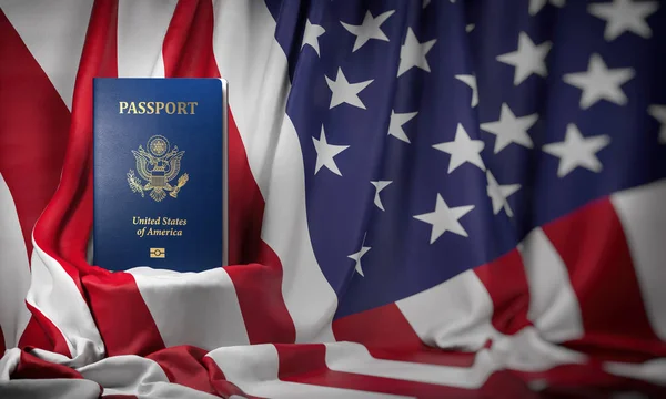 Pasaporte de Estados Unidos en la bandera de los Estados Unidos de América. Conseguir un USA — Foto de Stock