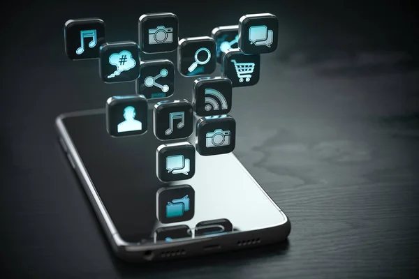 Smartphone con la nube de iconos de aplicaciones. Teléfono móvil en el — Foto de Stock