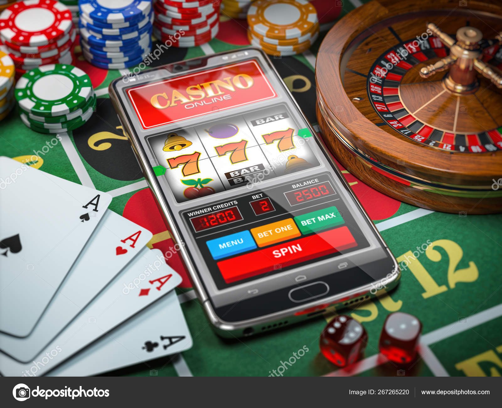 Casino online. Ponsel pintar atau telepon genggam, mesin slot, dadu, c — Stok Foto © maxxyustas #267265220
