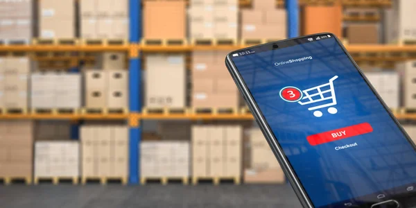 Smartphone op de watrehouse. Warehousing, opslag, logistiek — Stockfoto