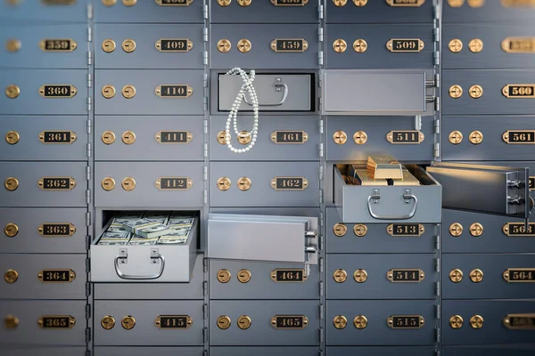 Open safe deposit box with money, jewels and golden ingots. Fina — Stock Photo, Image