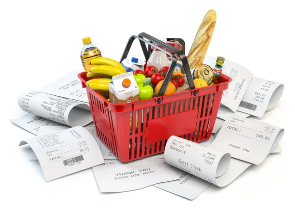 Biaya belanja bahan makanan dan konsumerisme. Shopping keranjang dengan f — Stok Foto