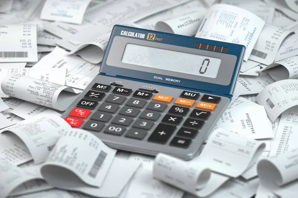 Calculator with receipts. Home budjet, grocery expenses and cons — Stock Photo, Image
