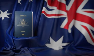 Avustralya bayrağında Avustralya pasaportu. Bir aust başlarken