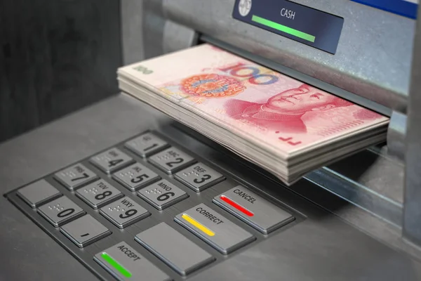 Distributeur automatique et yuan. Retrait de billets de 100 yuans. Banque c — Photo