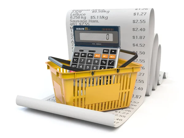 Shopping basket withcalculator on receipt isolated on white. Gro — Stock Photo, Image