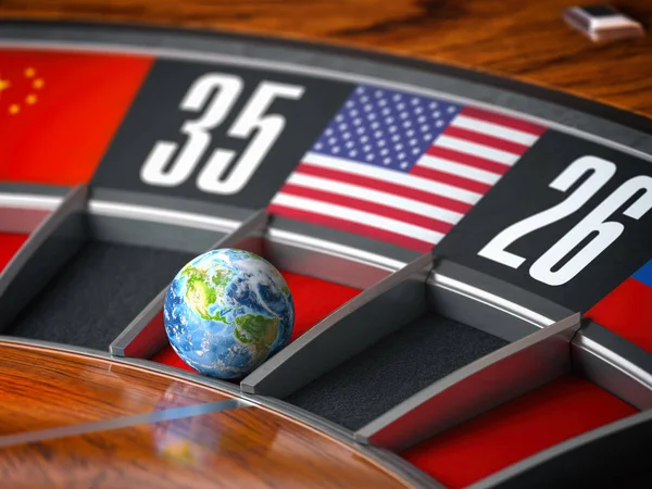 Erde als Ball des Casino Roulette mit amerikanischer US-Flagge im Gewinn — Stockfoto