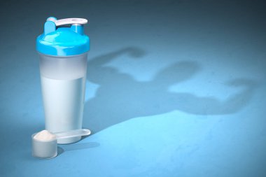 Peynir altı suyu proteini ve vücut geliştirmecinin gölgesi ile çalkalayıcı. Spor delisi