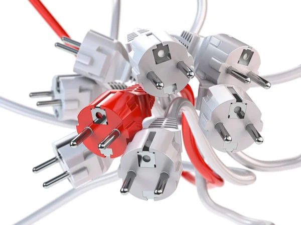 Unique red electric plug in the heap of a white plugs. Leadershi — Stock Photo, Image