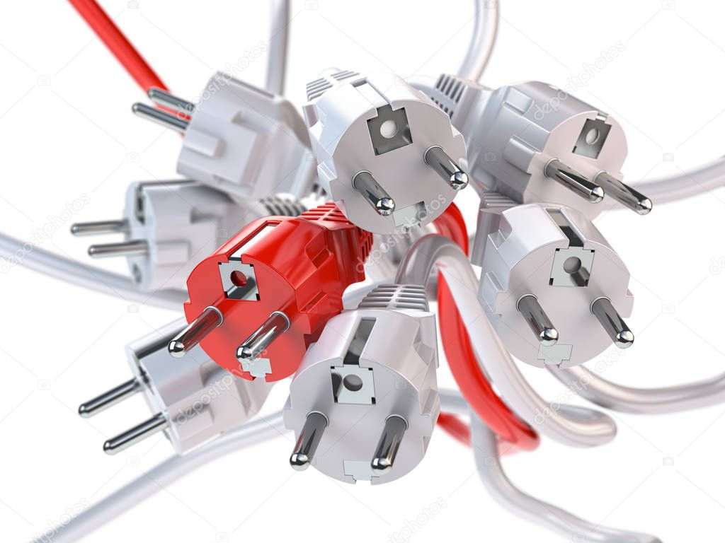 Unique red electric plug in the heap of a white plugs. Leadershi