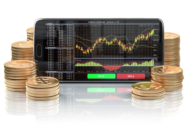 Smartphone con bolsa de valores, aplicación de divisas o tra móvil —  Fotos de Stock