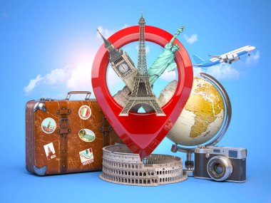 Seyahat ve turizm konsepti. Ünlü turist attr ile Pin işaretçisi