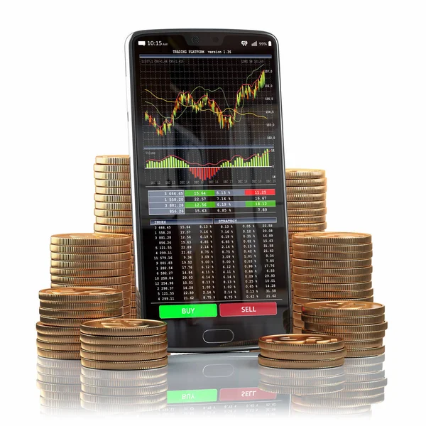 Mobile phone with forex application  on the screen and stacks of — Stock Photo, Image