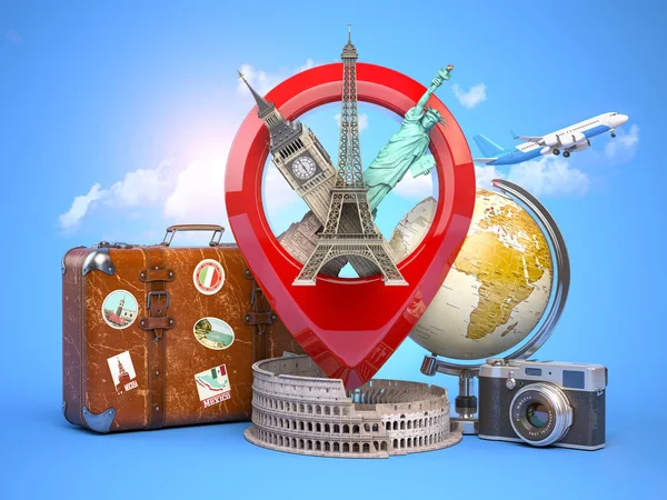 Travel and tourism concept. Pin pointer with famous tourist attr — Stock Photo, Image