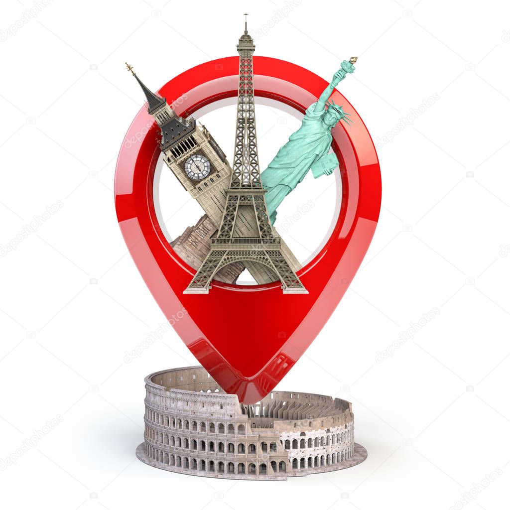 Travel and tourism concept. Pin pointer with famous tourist attr