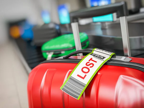 Koffer met verloren sticker op een luchthaven Bagage transporteur of tas — Stockfoto
