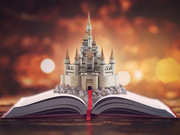 Open story book with fairy tale castle. — Stock Photo, Image